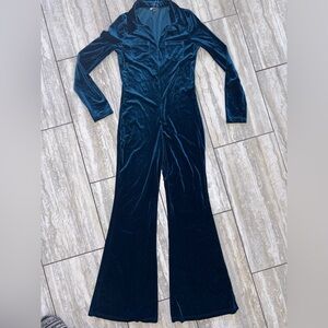 NWT SHEIN Velvet Jumpsuit in Rich Blue Large Flares Onesie